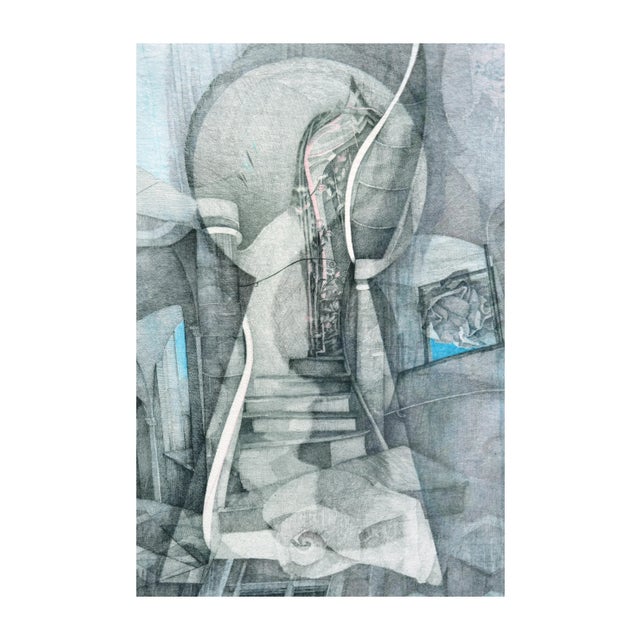 Turquoise Vintage Venetian Keyhole Modernist Etching by Katherine Chang Liu For Sale - Image 8 of 8