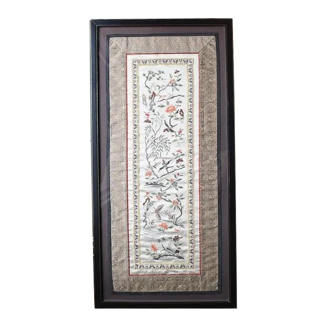 Chinese Silk Embroidered Tapestry Panel With Cranes and Floral Motif, Framed For Sale - Image 10 of 10