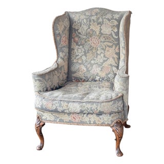 1920s Needlepoint Upholstered Wingback Chair With Carved Cabriole Legs For Sale
