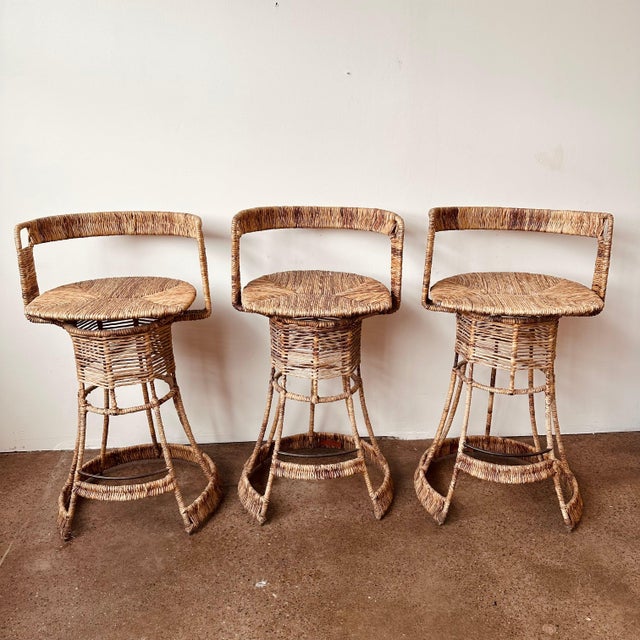 Mid-Century Modern Woven Rush French Bar Stools - Set of 3 For Sale - Image 3 of 12
