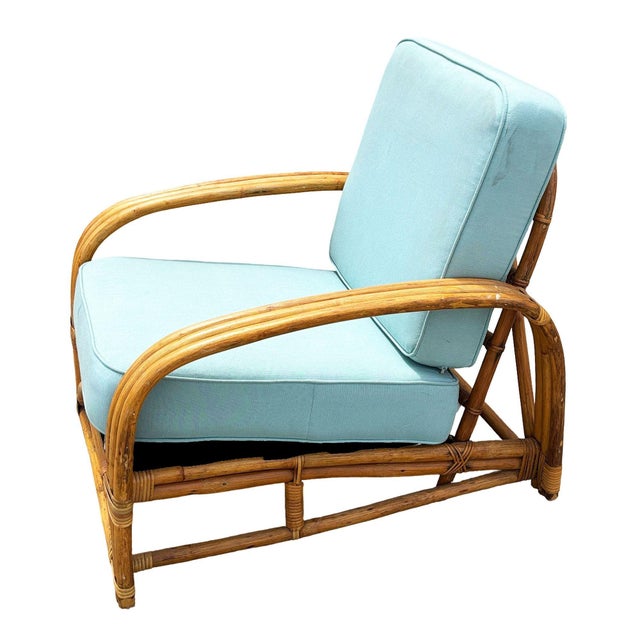 1950s Restored Rattan Triple-Strand Half Square Moon Arm Lounge Chair W/ Arched Back For Sale - Image 4 of 5