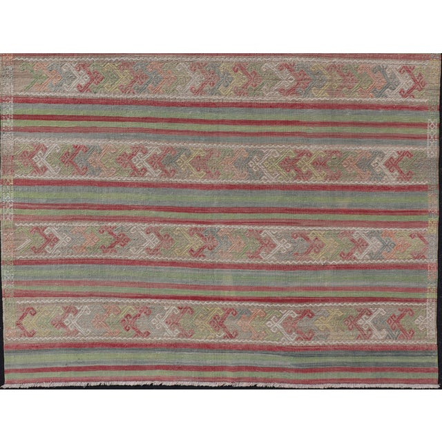 Red Colorful Vintage Embroidered Kilim With Stripes and Alternating Geometric Motifs For Sale - Image 8 of 12