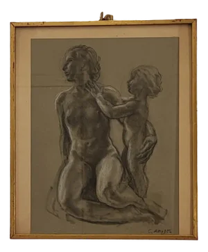 Carl Albert Angst, Mère et enfant, Charcoal and Crayon on Paper, Framed
