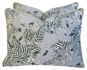 Custom Safari Zebra Linen & Velvet Feather/Down Pillows 24" X 18" - Pair