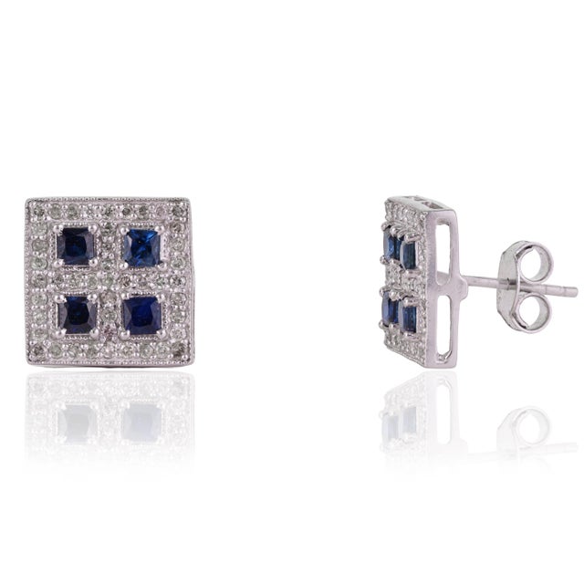 Art Deco Art Deco Blue Sapphire & Diamond Square Halo Wedding Stud Earrings - 2 Pieces For Sale - Image 3 of 13