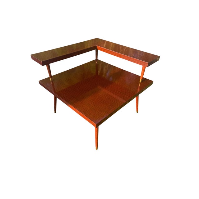 Vintage Mid-Century Modern Architectural Two-Tier Floating Shelf Occasional Table With Walnut Finish & Brass Ferrules For Sale In Buffalo - Image 6 of 9