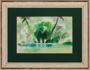 1940s "Palm Beach Tropical Oasis" C1947 Watercolor by Franz Bueb