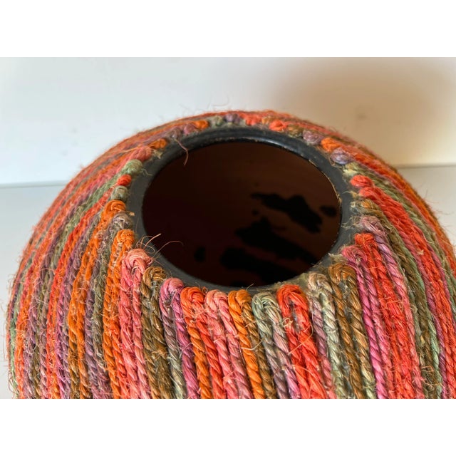 Mid-Century Modern 80's Vintage Colorful Woven Jute Macrame Fiber Art Vase For Sale - Image 3 of 13