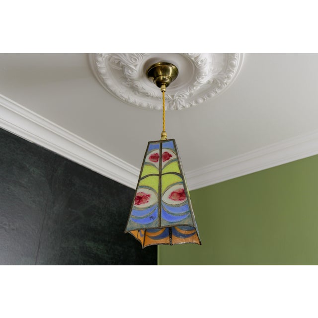Mid-Century Blue, Yellow and Red Stained Glass Pendant Light, 1970s For Sale - Image 9 of 18