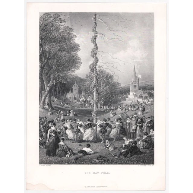 Antique 19th century May Day celebration engraving on paper engraved by Charles Cousen ( circa 1819-1889) after a painting...