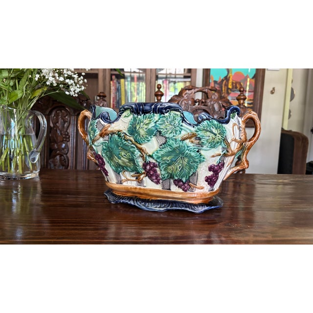 Vintage Majolica Grape Vine Jardinière Planter Cobalt Blue For Sale - Image 11 of 12