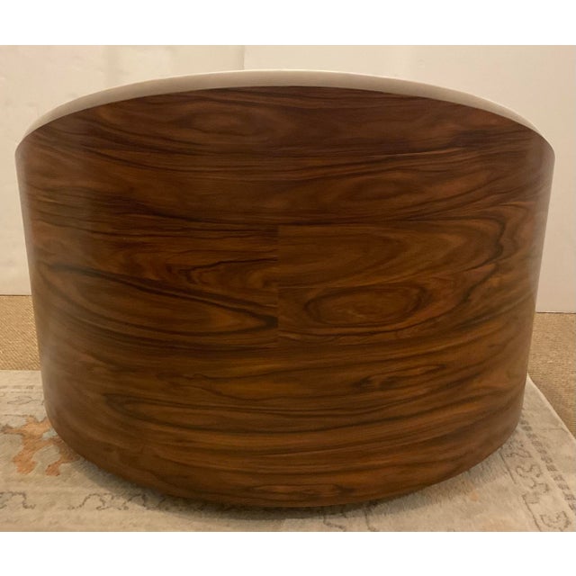 Original retail $5397, stylish Theodore ALexander Modern Suede Swivel Chair, warm rosewood finished frame, off-white...