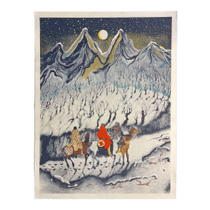 1980s C J Wells "Cold Snow Moon" Hand Signed Lithograph Mountains Native Themed