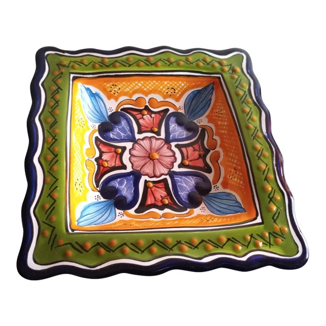 Vintage Hand-Painted Talavera Mexico Square Bowl For Sale