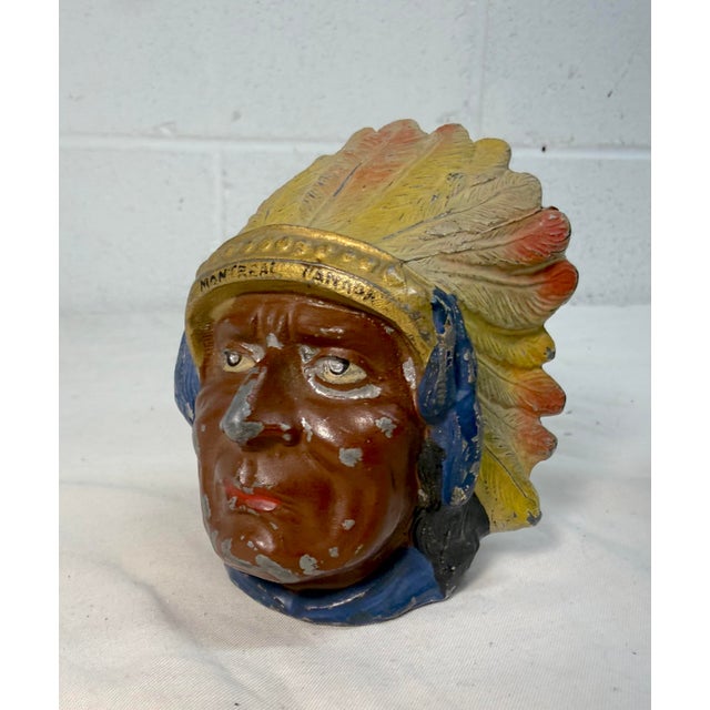 Rare Antique Native American Indian Chief Montreal White Metal Still Coin Bank For Sale In New York - Image 6 of 12