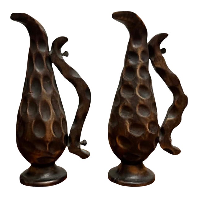 Pair of Vintage Hand-Carved Spanish Wooden Pitchers With Hammered Texture For Sale
