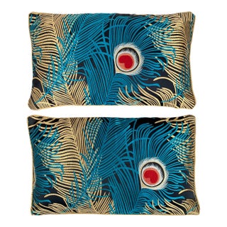 Pair of Peacock Feather Jacquard Satin Pillows For Sale