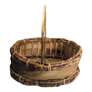 Rustic Vintage Wood Shave Natural Fiber Gathering Basket For Sale