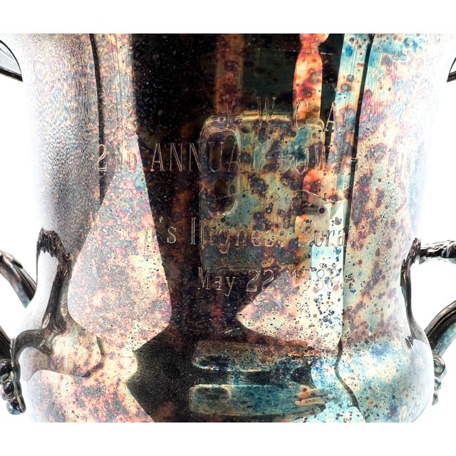 1988 Patinaed Silver Plate Trophy Urn / Champagne Bucket With Floral Handles – Shabby Chic / English Country For Sale - Image 9 of 11