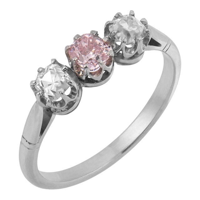 Mid 20th Century Pink and White Diamond Platinum Tree Stone Ring, Size 6.25 For Sale