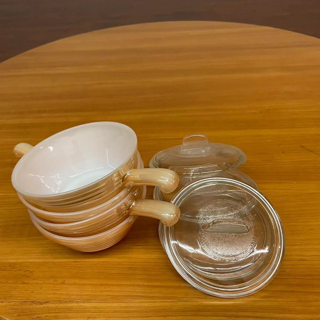 Set of 4 Vintage Fire-King Peach Luster Oven-Safe Bowls With Lids 