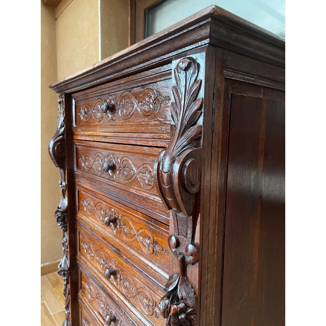 Brown Late 19th Walnut Nine Drawer Tall French Carved Chest or Siffonier For Sale - Image 8 of 18