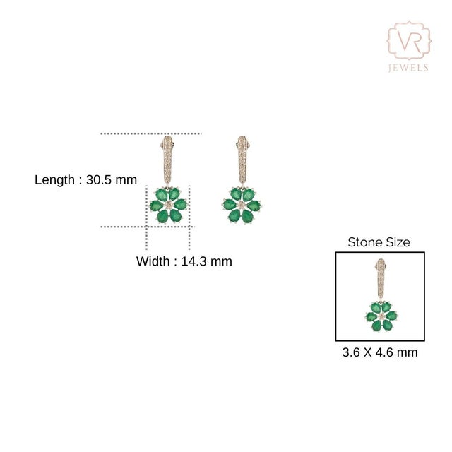 Green VRJewels 3.33Ct Emerald & Diamond Floral Drop Earrings in 18k Solid White Gold- 2 Pieces For Sale - Image 8 of 11