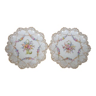 Set of 2 Antique Franziska Hirsch Dresden Porcelain Polychrome Scalloped Floral Plates For Sale