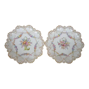 Set of 2 Antique Franziska Hirsch Dresden Porcelain Polychrome Scalloped Floral Plates