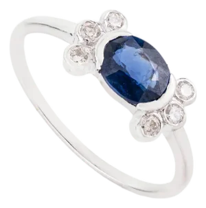 14k Gold Oval Blue Sapphire & Diamond Cluster Vintage Ring Size 5