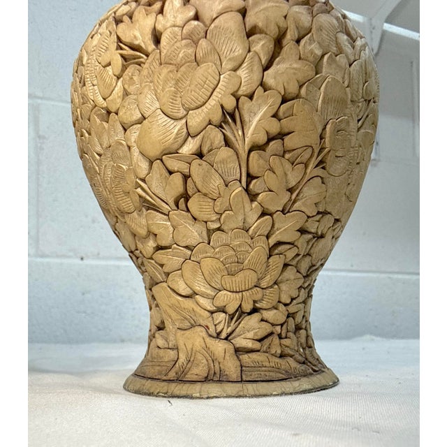 Pair of Antique Handmade Chinese Carved White Lacquer Cinnabar Floral Vase Urn For Sale - Image 4 of 12