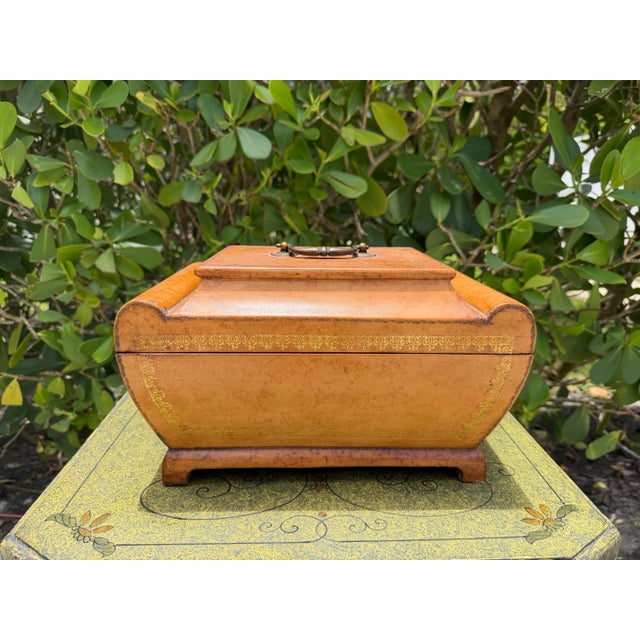 Vintage 13” Leather Decorative Box With Gilt Tooling For Sale - Image 4 of 12