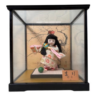 Hina-Ningyō Girl with Temari Ball Doll with Glass Display Case, 1970s For Sale