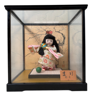Hina-Ningyō Girl with Temari Ball Doll with Glass Display Case, 1970s