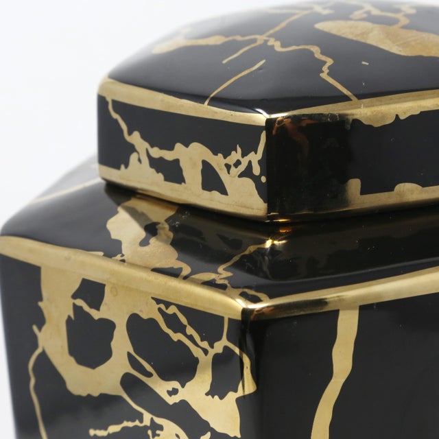 Hexagonal Black & Gold Ceramic Lidded Jar For Sale - Image 4 of 8