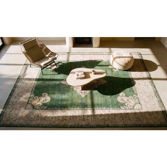 Magnificent Green Open Field With Intricate Floral Medallion Antique Indian Amritsar Rug For Sale - Image 11 of 13