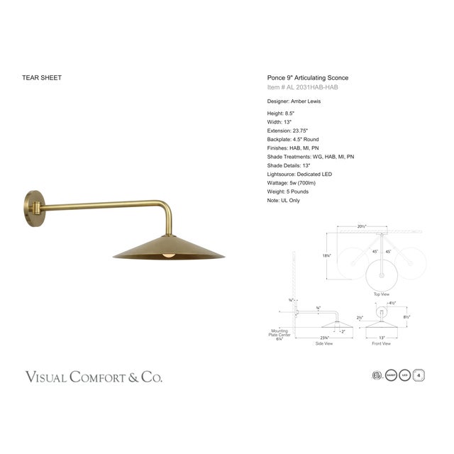 Amber Lewis for Visual Comfort Signature Ponce 9" Articulating Sconce in Hand-Rubbed Antique Brass with Hand-Rubbed Antique Brass Shade For Sale - Image 11 of 11