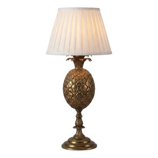 Gold-Toned Pineapple Table Lamp with White Pleated Shade, 1950s For Sale