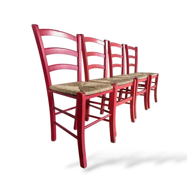 Brown Italian Red Oak Ladder-Back Dining Chairs with Woven Rush Seats, Set of 4 For Sale - Image 8 of 9