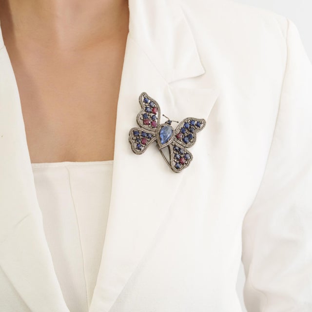 Metal Boho Chic 10Ct Multi Gem & Diamond Butterfly Statement Brooch Pin Pendant in 925 Silver For Sale - Image 7 of 15