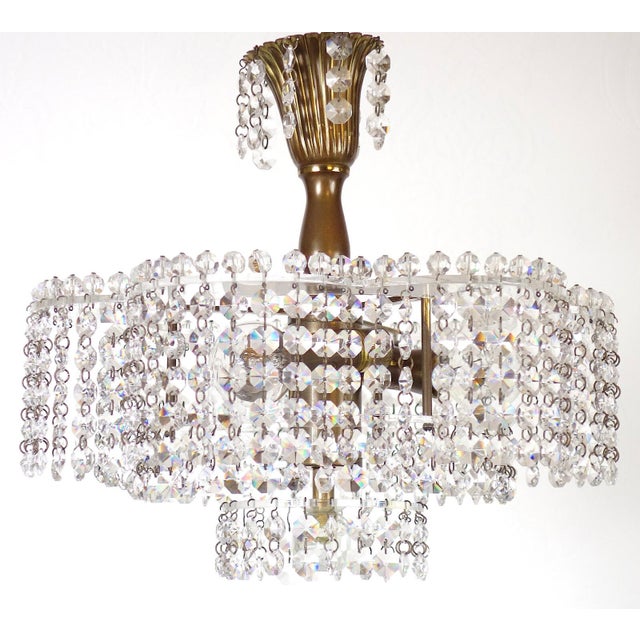Antique Brass Lead Crystal Three-Light Chandelier, 1930s For Sale - Image 11 of 11