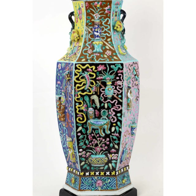 19th Century 19 Century Chinese Qing Multi-Colored Hexagonal Porcelain Table Lamp With Raise Work Decorations and Small Branch Handles For Sale - Image 5 of 10