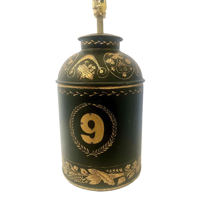 Antique Tole Brown and Gilt Decorated Tea Canisters as 20th-Century Lamps - Pair For Sale - Image 10 of 13