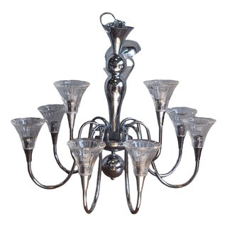Tulip-Shaped Chandelier in Chrome Metal and Thick Glass, 1930s For Sale