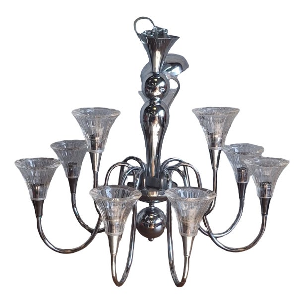 Tulip-Shaped Chandelier in Chrome Metal and Thick Glass, 1930s For Sale