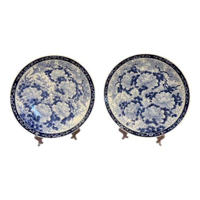Antique Japanese Imari Blue and White Chargers, 1900s, Set of 2 For Sale