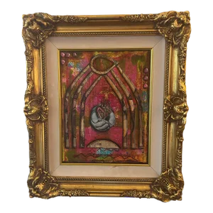 Original Post Modern Painting "The World" Oil on Canvas Gilded Wood Frame, Signed by the Artist