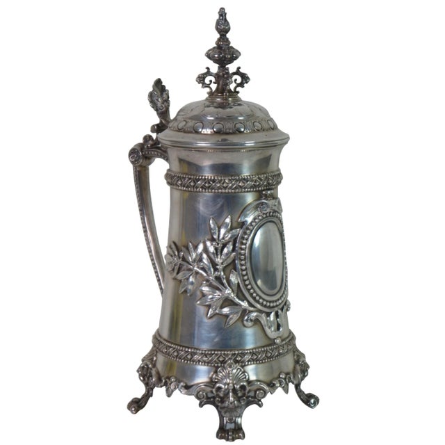 Rare antique 19th century Dutch lidded and footed 800 silver tankard / stein / pitcher, with ornate designs, faces and...