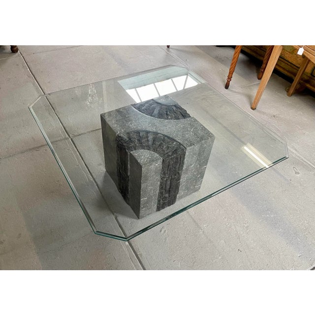 Vintage 1980s tessellated stone coffee table by quality furniture makers Maitland Smith. The 1/4" thick glass top features...