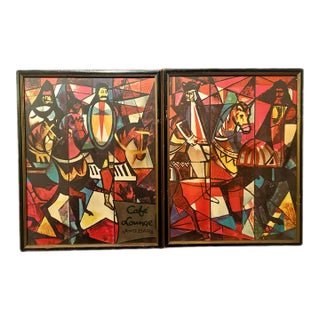 Vintage 1950s Abstract Mid-Century Modern Café Lounge & Bar Framed Print After Peter Ostuni Savoy Hotel Mural - Set of 2 For Sale